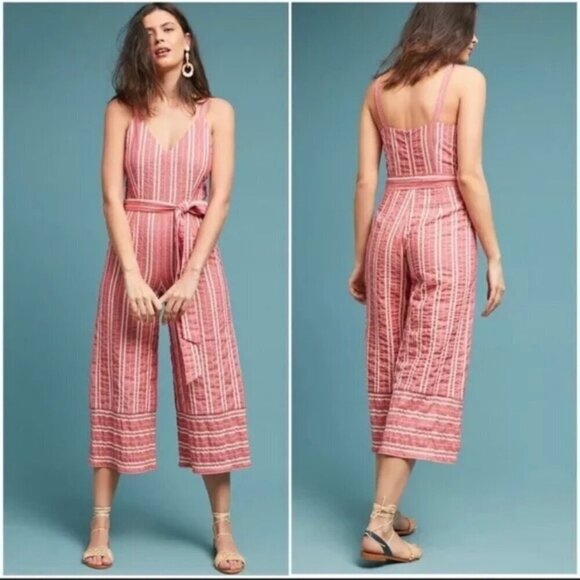 Anthropologie Ett Twa Robin striped cropped jumpsuit tie belt red white medium - Picture 1 of 9